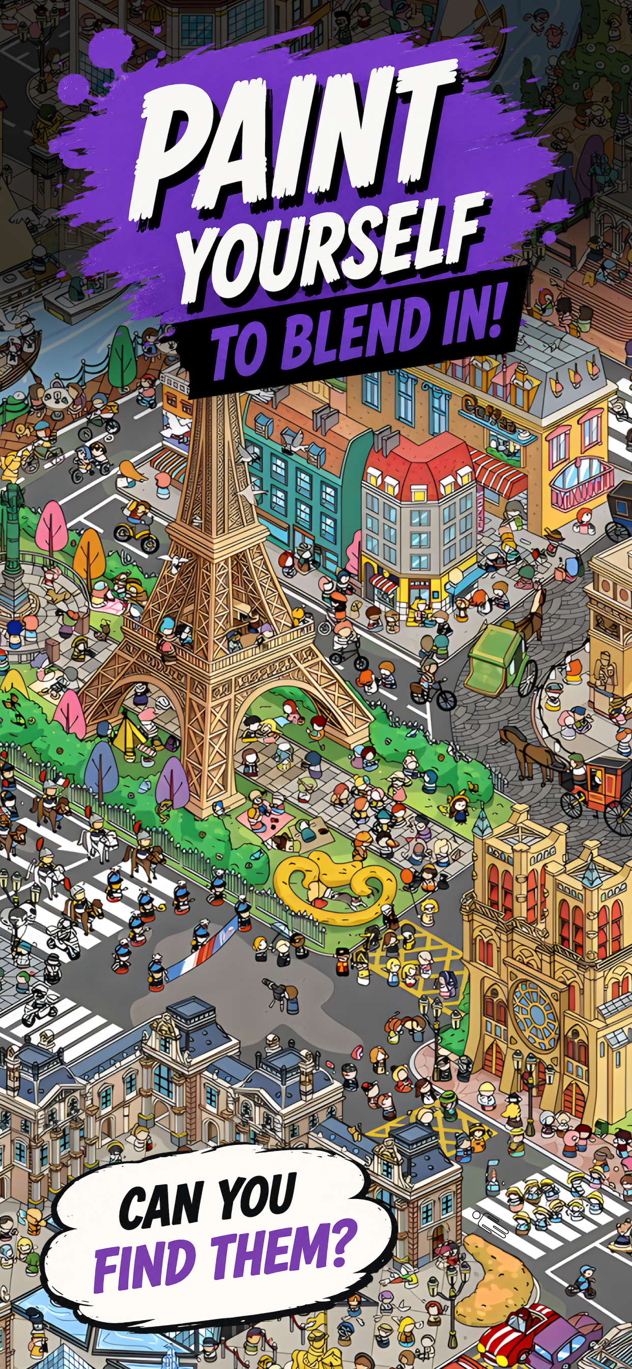 Blend & Seek gameplay screenshot showing a city hiding scene
